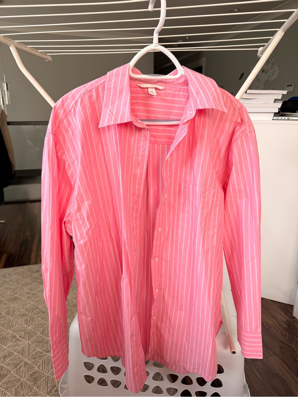 H&M Pink and White Striped Casual Button-Down Shirt-Ladies